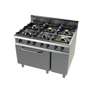 Cocina a gas Industrialcon horno MAXI GN2/1 con válvula termostática de 6 fuegos 2x8+4,5+3x6 Kw Serie 900 JUNEX con medidas 1...