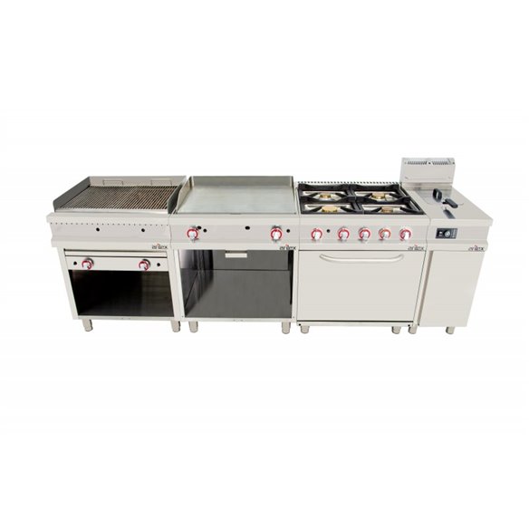 Cocina a gas 6 fuegos con piloto de 3x7,5 +3x5,5 kW con horno GN2/1 termostático de 7,5Kw 120CG70H EASY 700