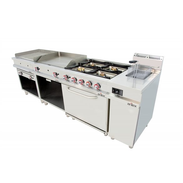 Cocina a gas 6 fuegos con piloto de 3x7,5 +3x5,5 kW con horno GN2/1 termostático de 7,5Kw 120CG70H EASY 700